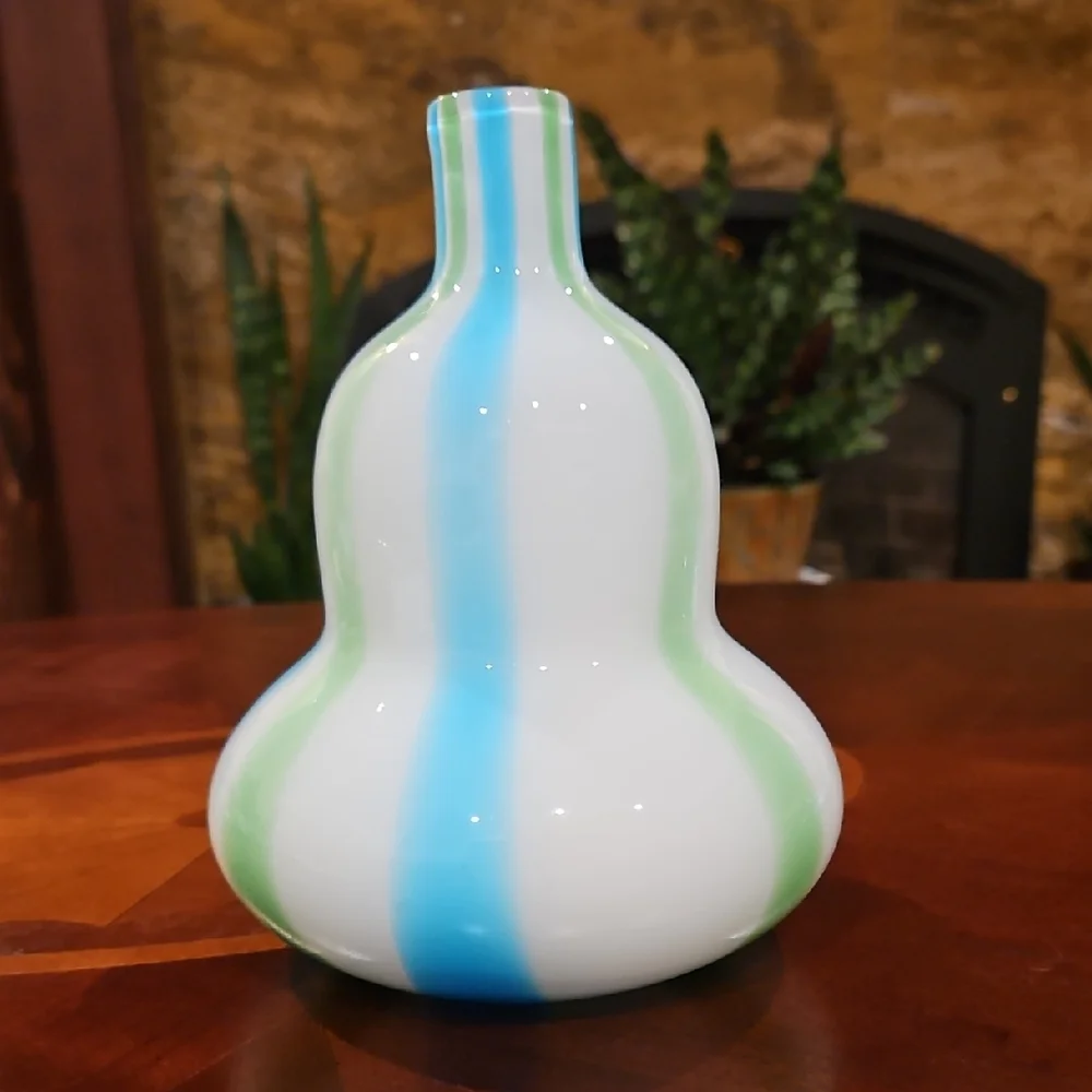 Handblown Post-Modern Blue Green Striped Art Glass Double Gourd Vase